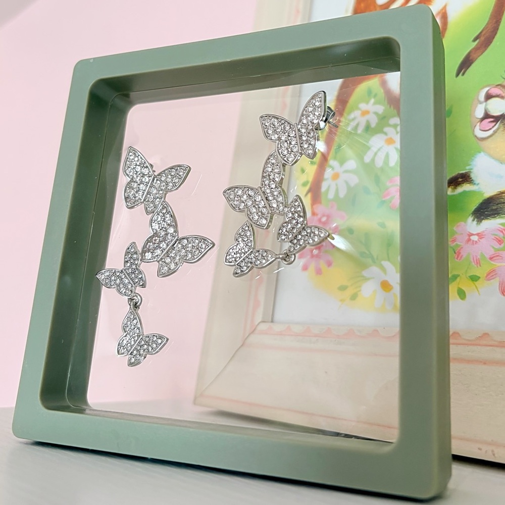 Silver Sparkly Butterfly Cascade Stud Earrings 🦋✨